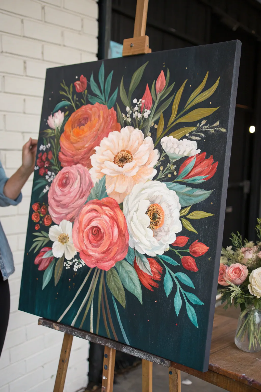 Bold color-blocked acrylic bouquet on a dark ground, loose petals and glowing contrast