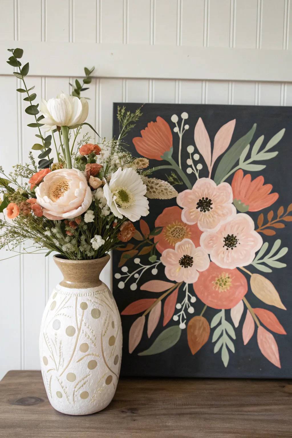 Loose acrylic florals in a simple vase, bold marks and deep background for high contrast