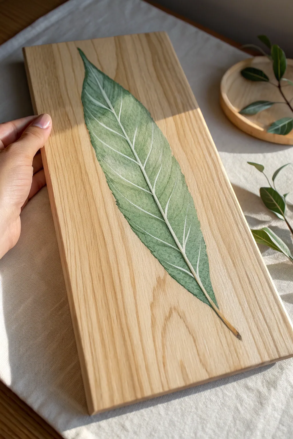 Acrylic leaf study on wood, aligned to the grain for a calm minimalist look