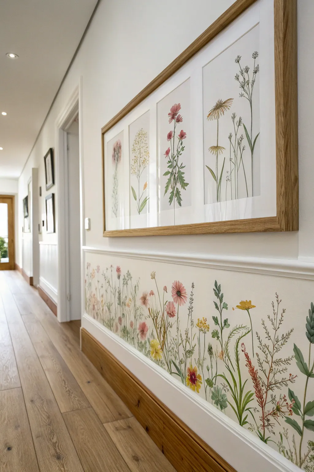 Sweet acrylic wildflower border for a calm hallway, minimal lines with a soft boho touch