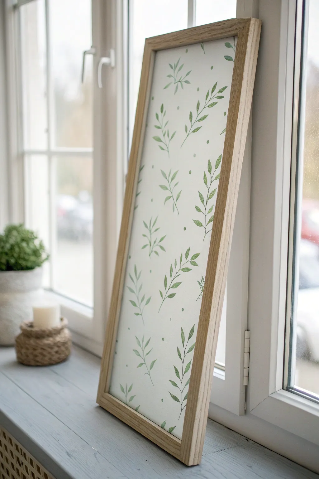 Frosted glass panel with tiny leaf details, glowing softly in window light for calm minimal boho vibes