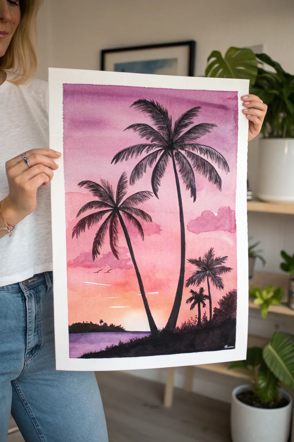 Bold palm silhouettes over a coral-to-purple dusk wash, a simple tropical watercolor idea