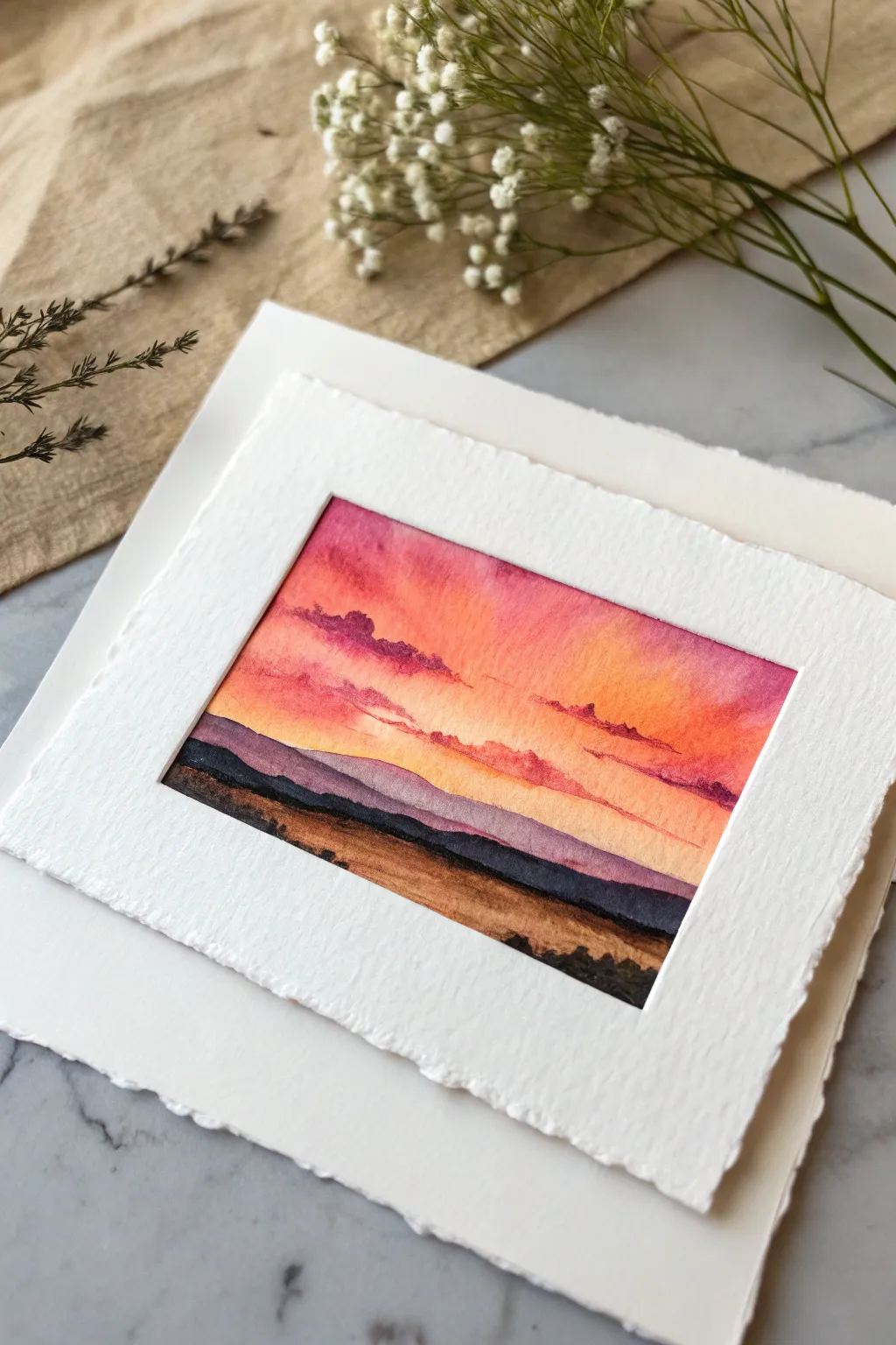 Sunset ombre alcohol ink mini landscape in warm pinks and oranges with a bold dark horizon.
