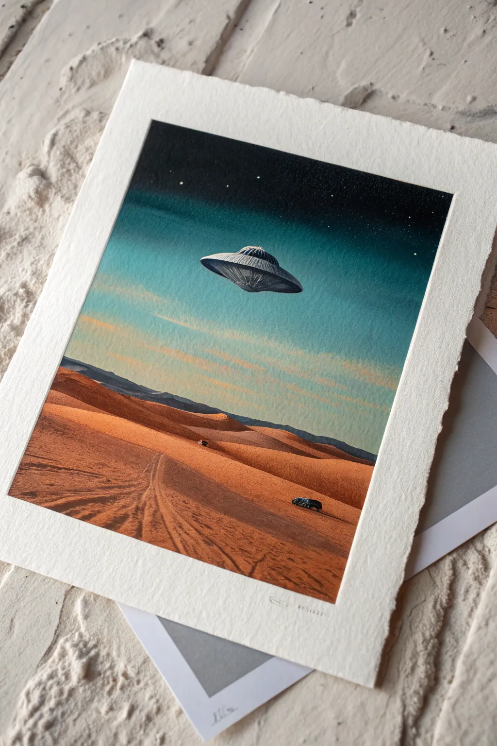 Minimal desert nightscape: centered flying saucer under a crisp Milky Way, soft boho tones