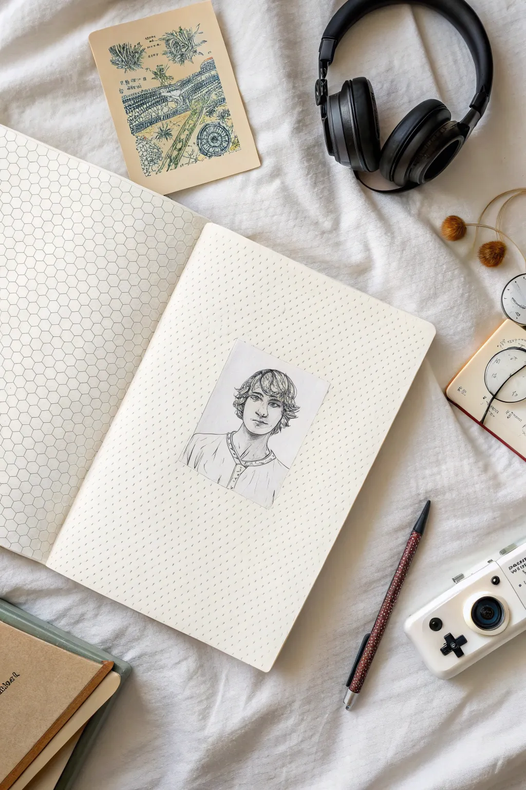 Mini self-portrait with a halo of hobby doodles, a minimalist all about me sketchbook idea