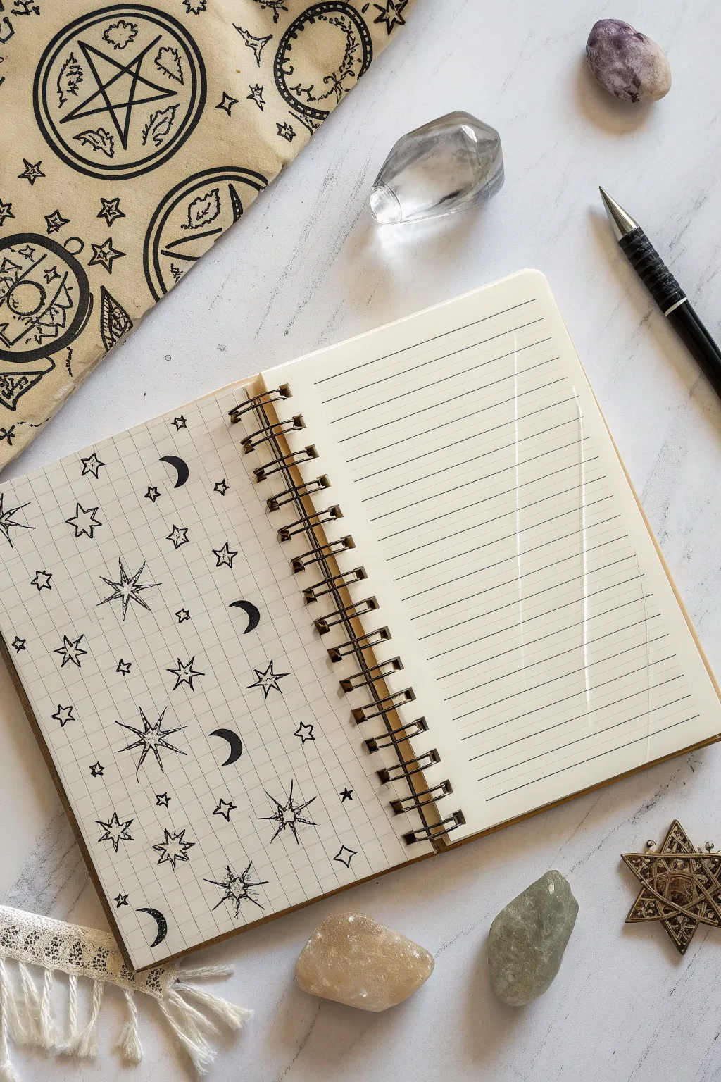Minimalist boho sketchbook page with repeating occult symbols, crisp ink lines and handmade charm