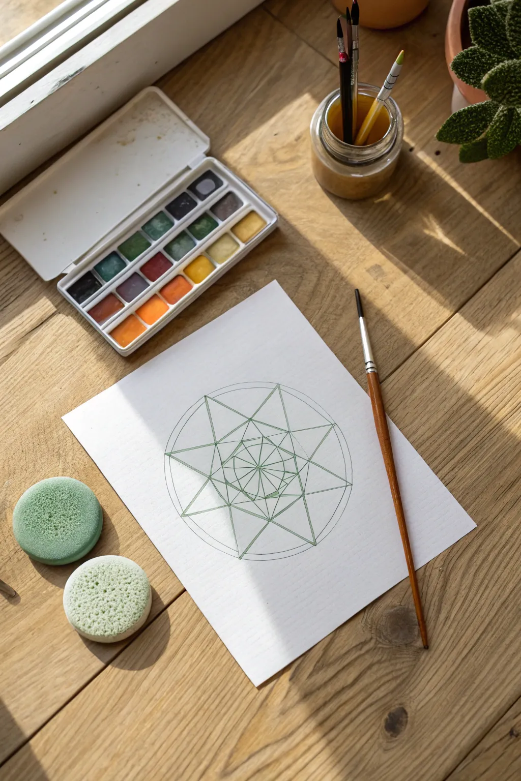 Build modern graphic layers with stencil pouncing using a sponge and muted boho colors.