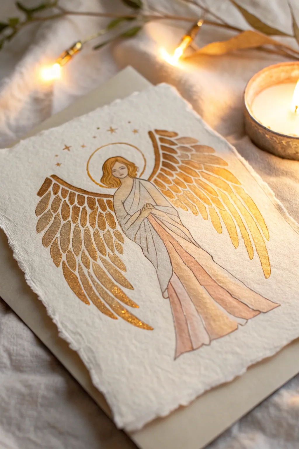 Warm peach and gold angel glow with a bright halo behind the wings for soft, elegant contrast