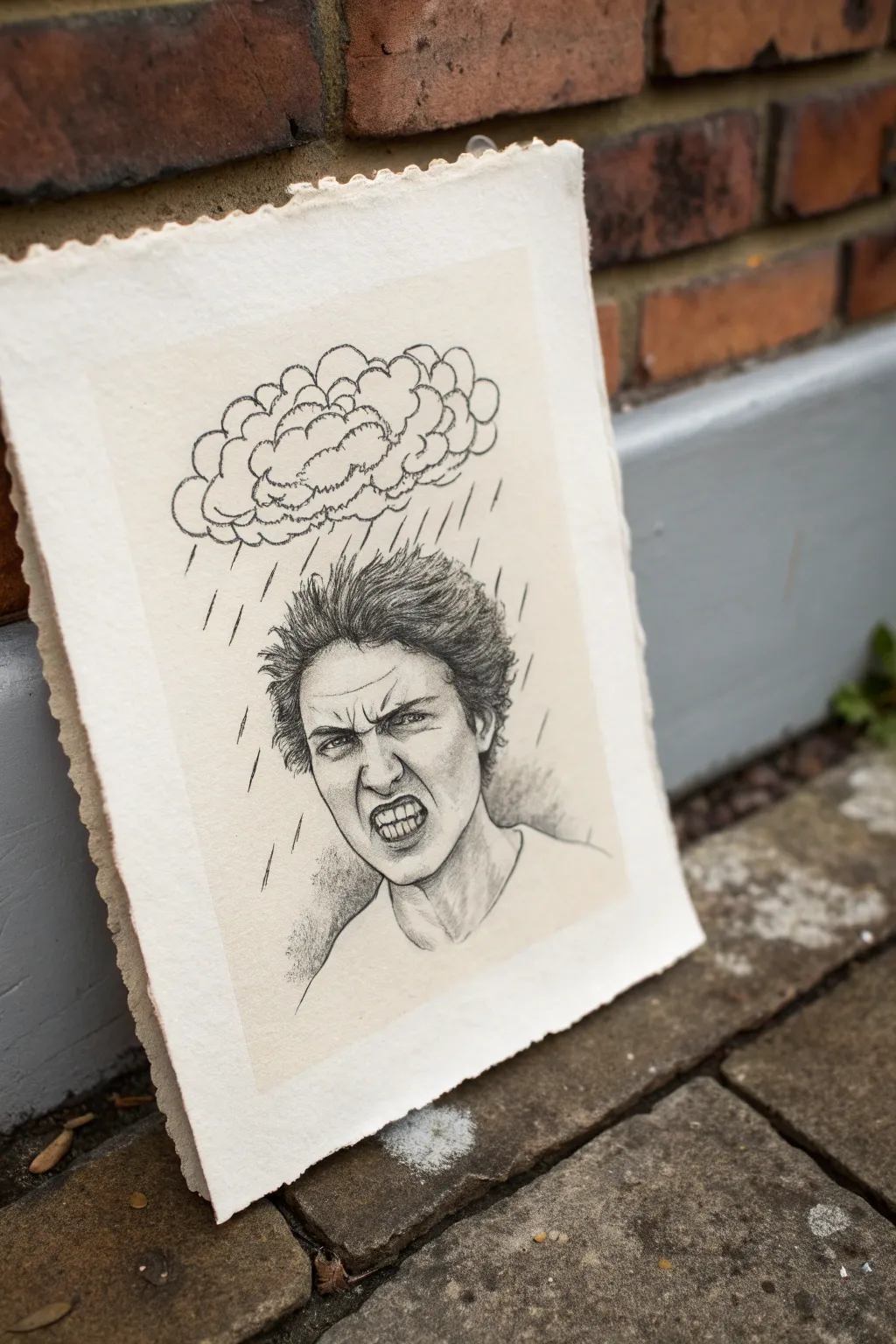 Messy scribble hair storm crowns a clenched jaw portrait, a minimalist anger sketch to try.