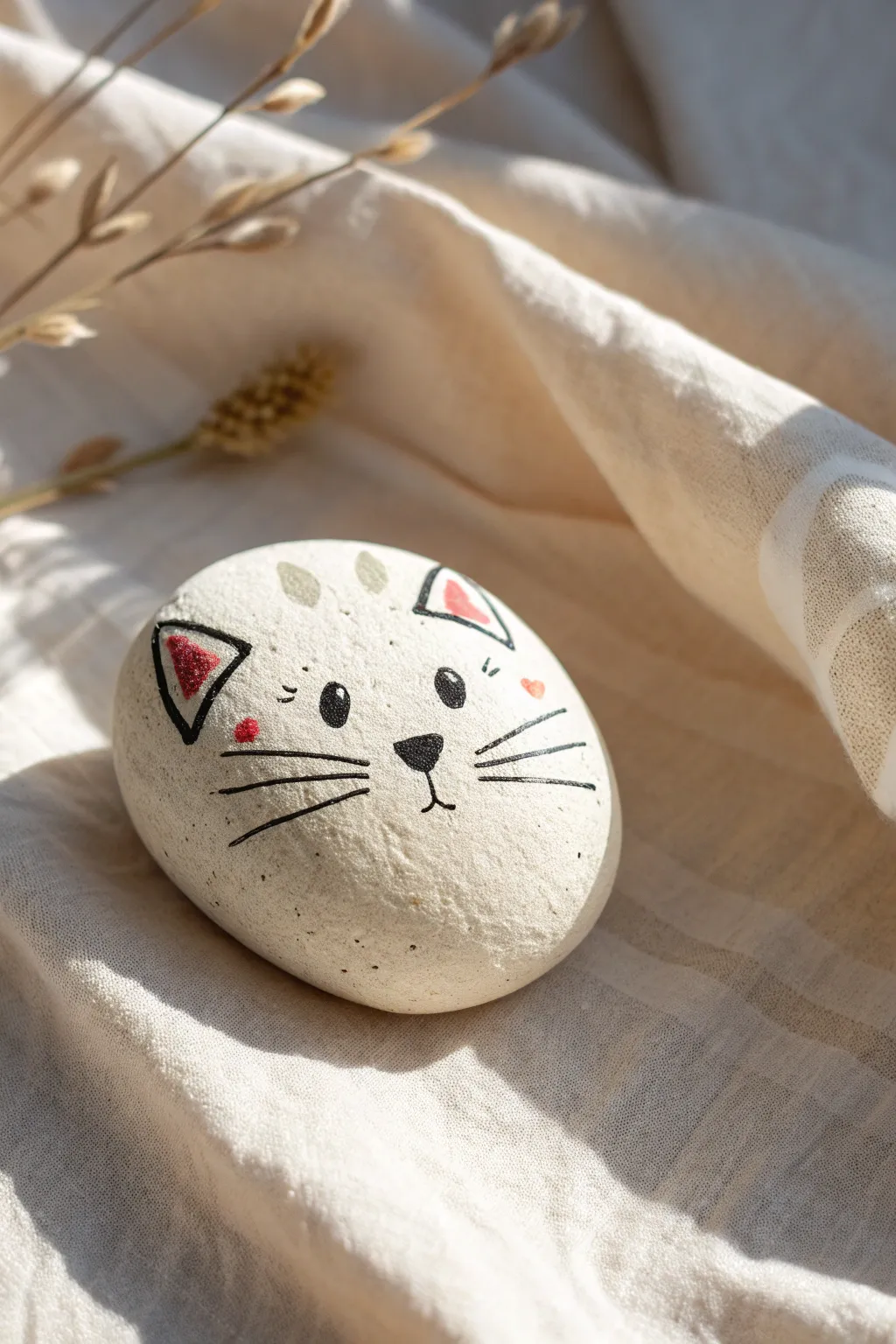 Whiskered cat face rock idea with simple lines and cozy neutral Scandinavian styling