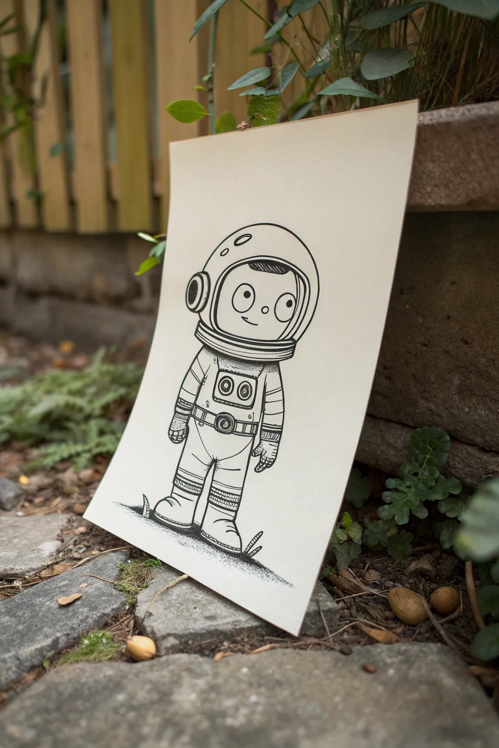 Clean space explorer suit sketch with bold helmet ring and simple patches, perfect for animators