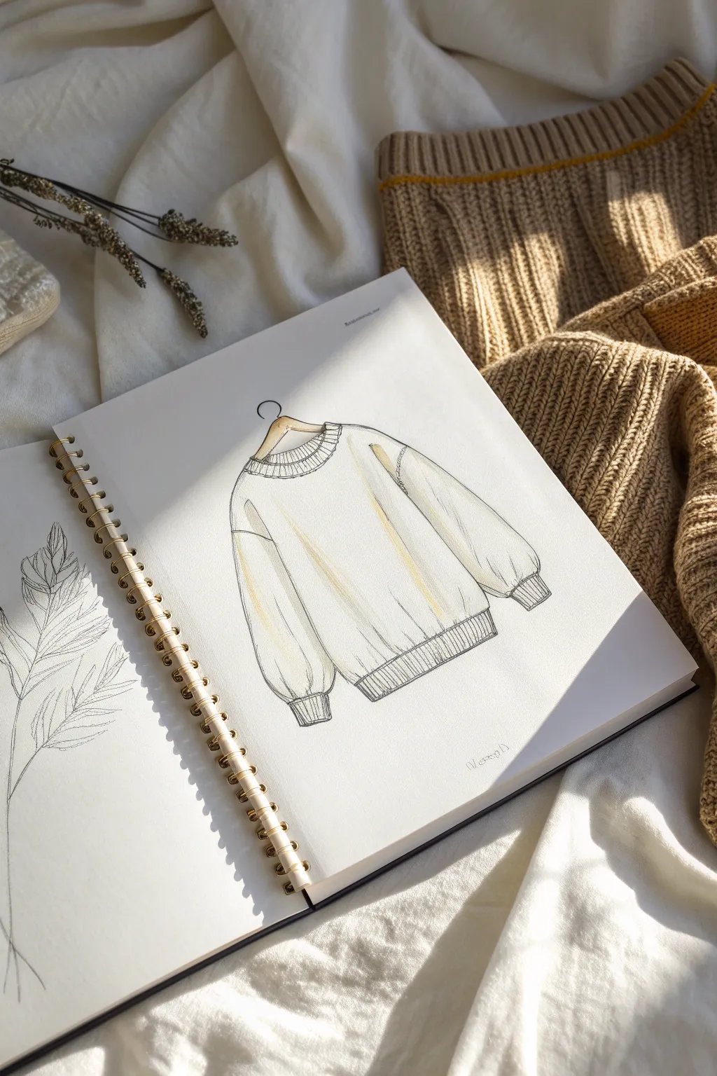 Cozy anime sweater sketch with bold ribbed cuffs and an easy knit-texture close-up inset