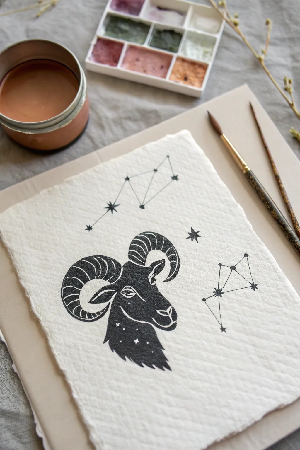 Minimal ram head with Aries constellation backdrop, made for Scandinavian-boho inspired sketching