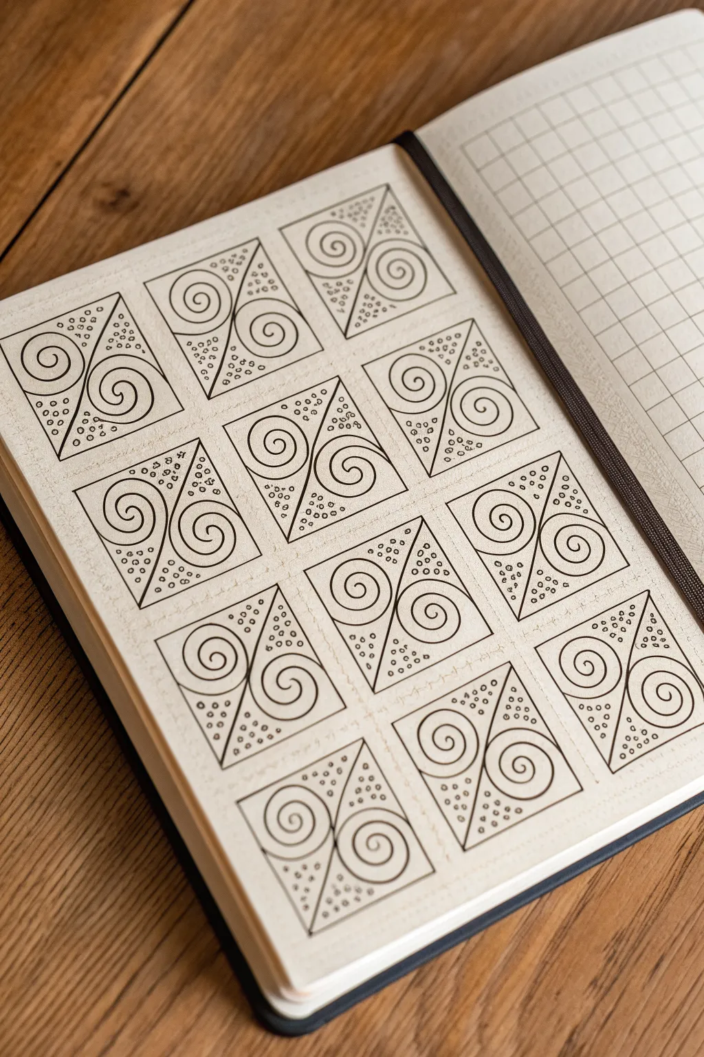 Spiral pattern practice grid with tight curls, loose swirls, and bold dark pockets for contrast.