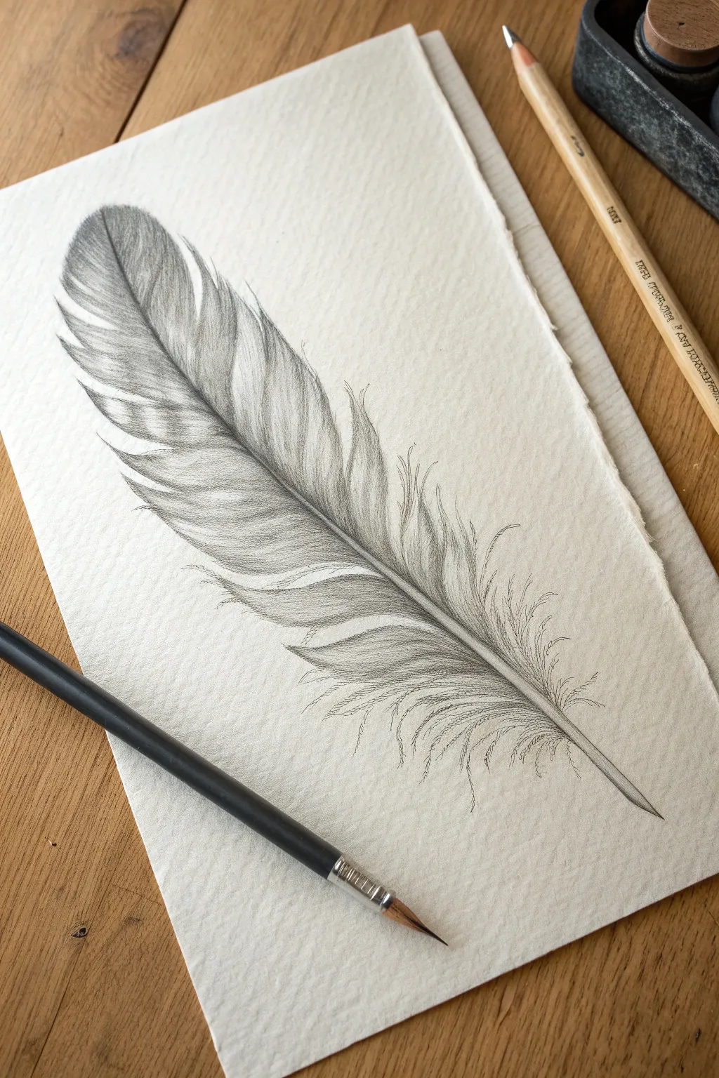 Beginner pencil feather study with soft blending and a bold shaft for airy, delicate texture