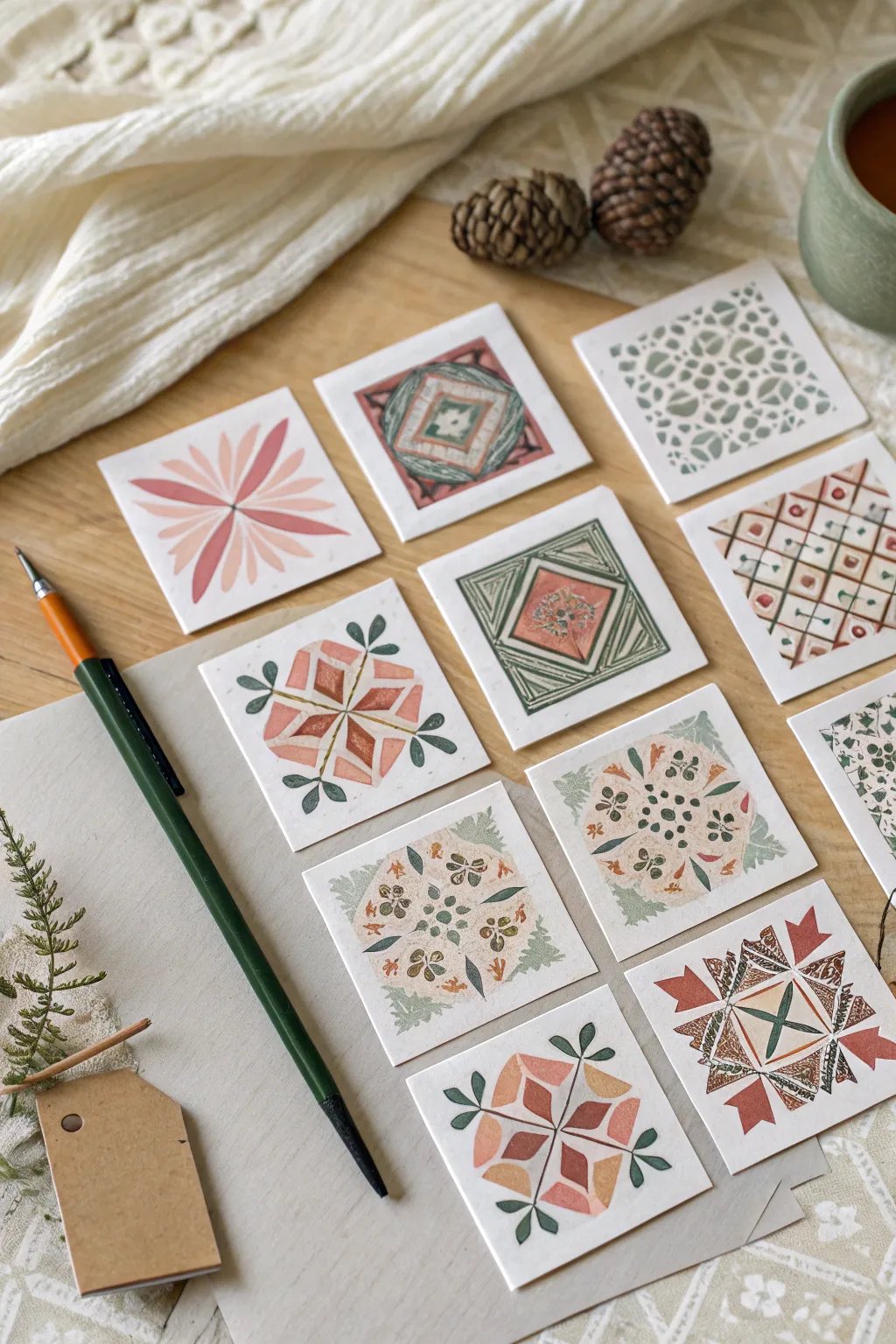 Minimal stamped ATC grid with hand-painted highlights, Scandinavian calm with a boho touch.