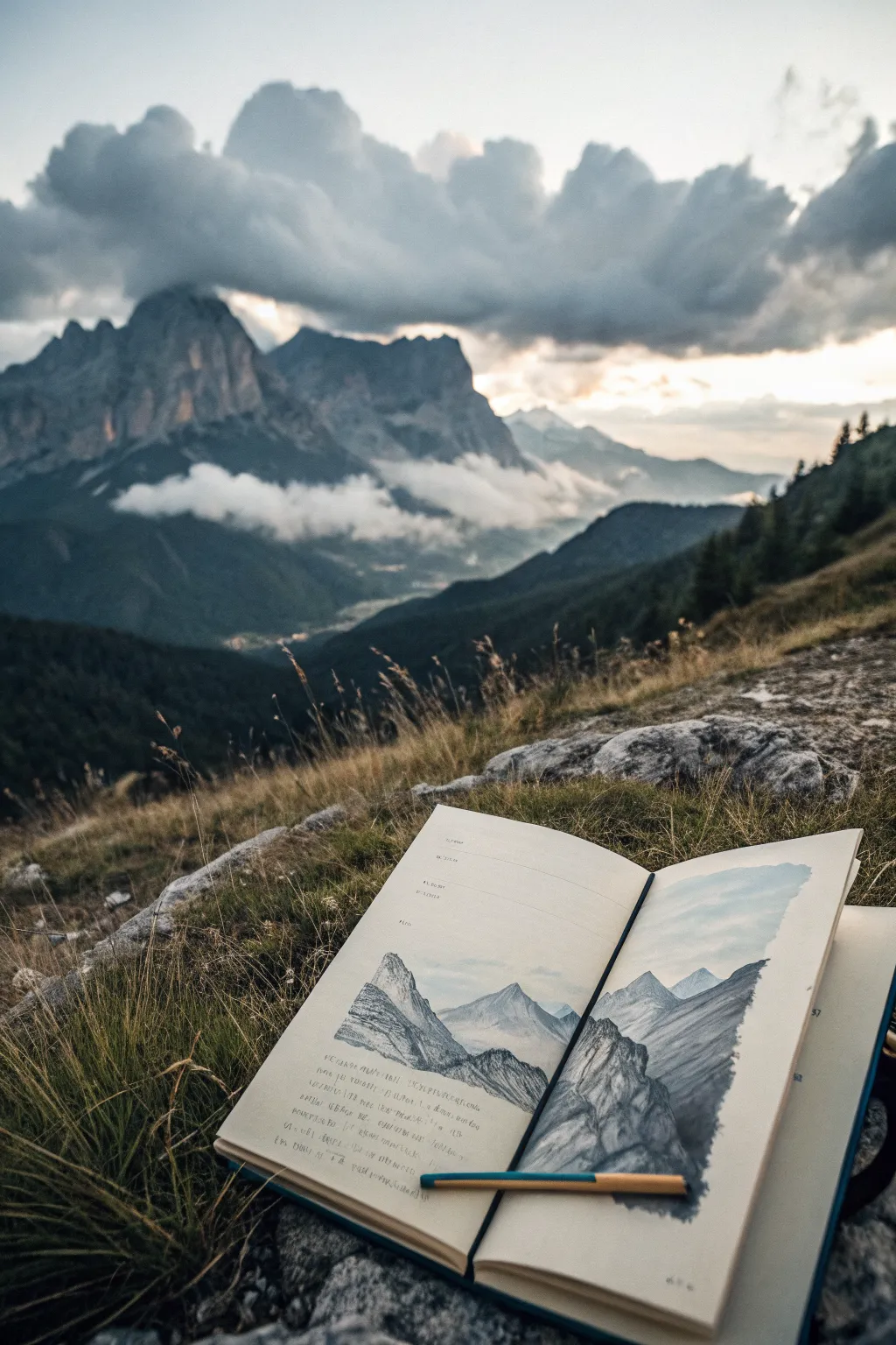 Minimalist mountain peaks wrapped in layered cloud banks, calm depth and contrast for drawing ideas