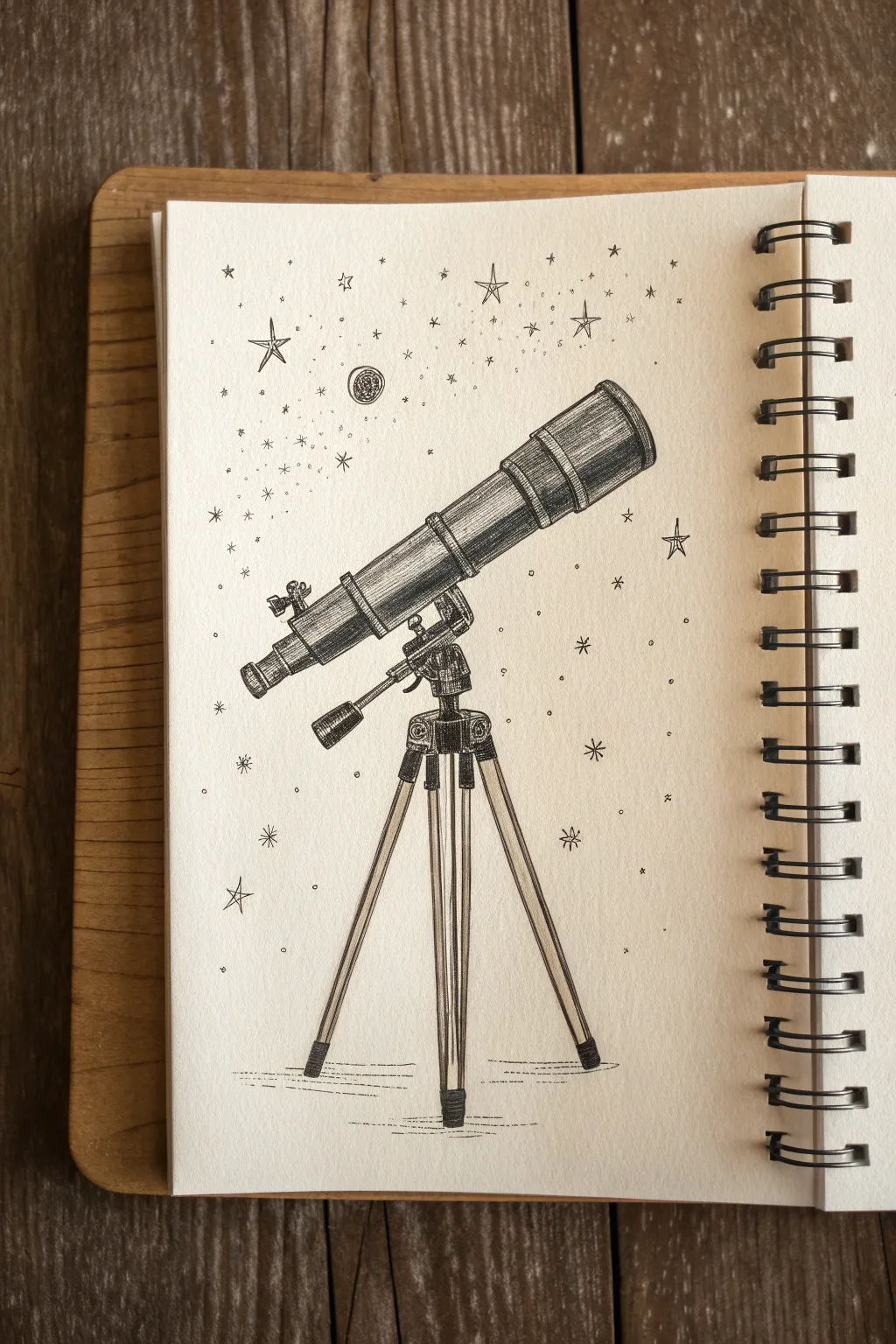 Minimal telescope on tripod with a sprinkle of stars, a calm astronomy drawing idea to try