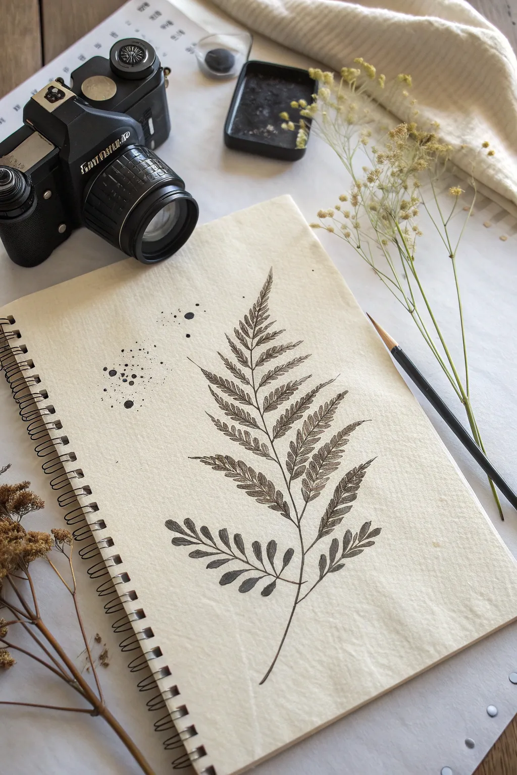 Foreground-heavy plant silhouette balanced by airy background marks, a simple asymmetrical sketch idea.