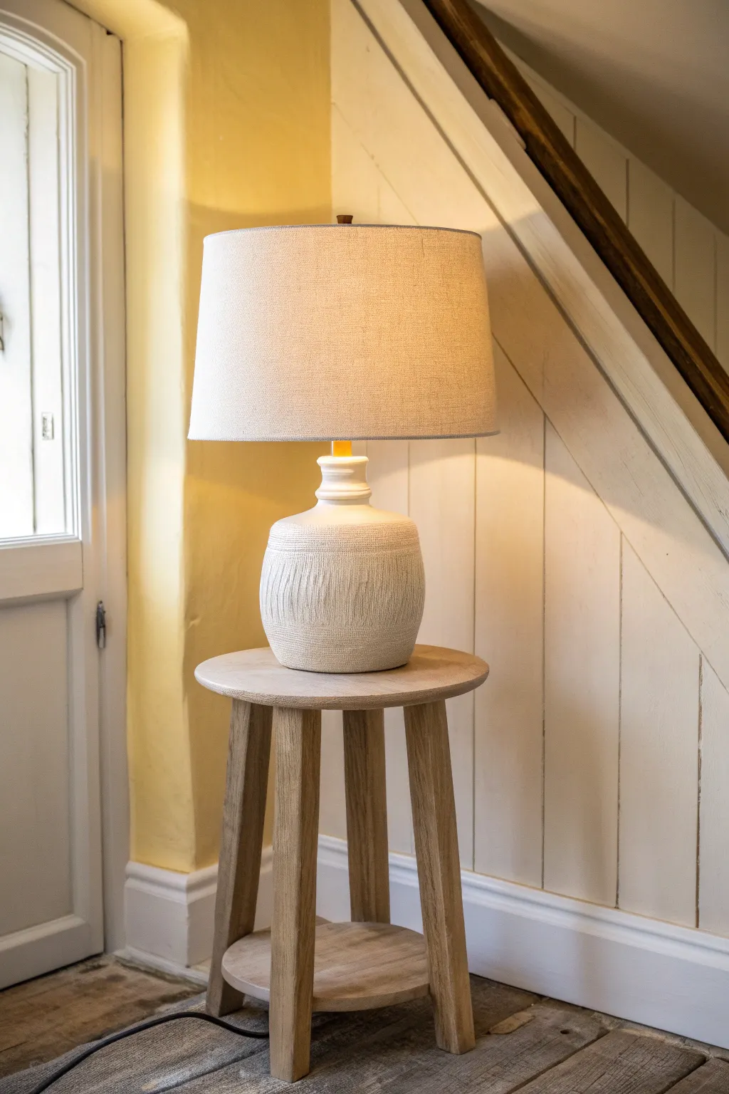 Creamy neutral attic walls + a warm table lamp glow make a windowless space feel cozy