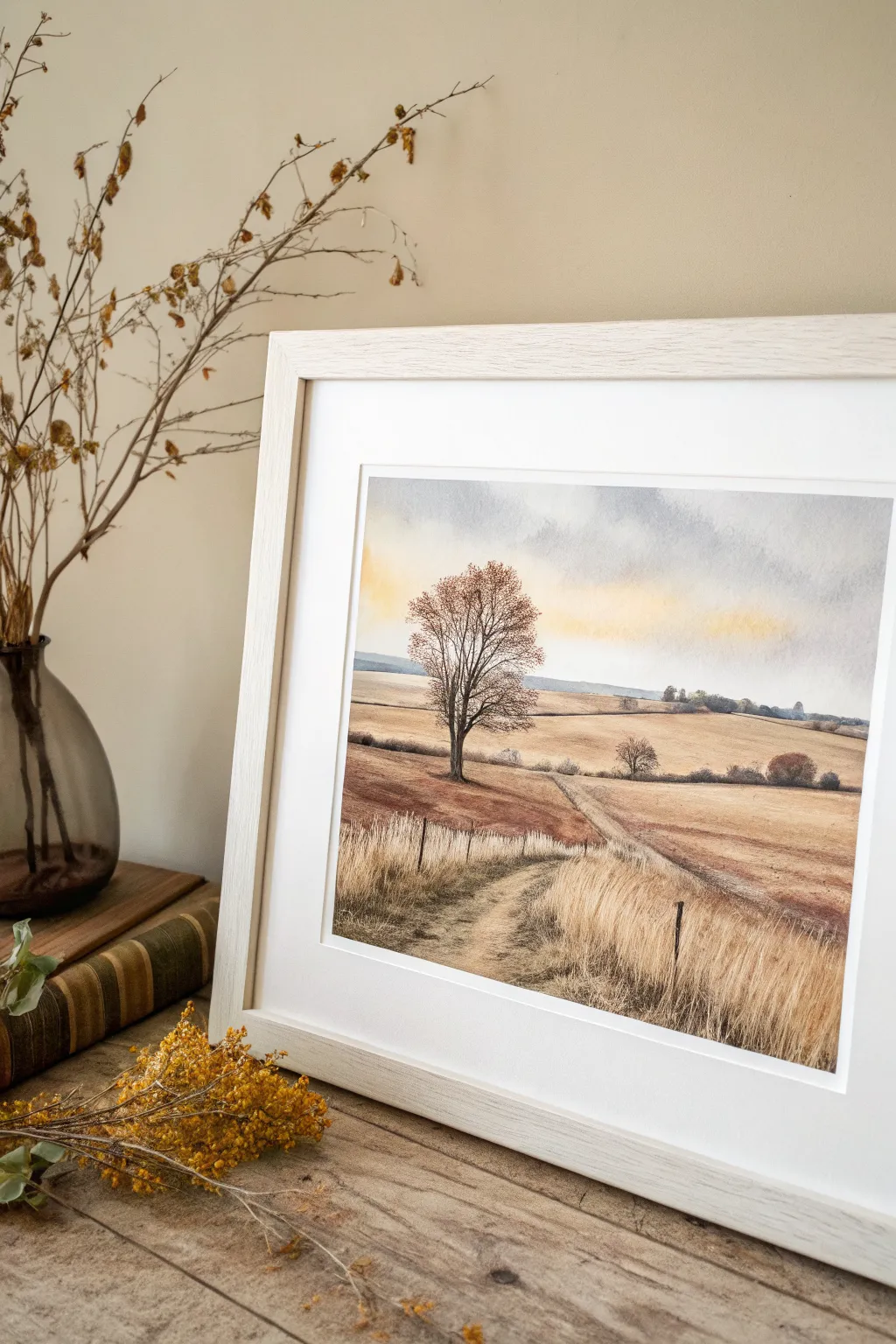 Calm autumn fields in ochre and gold with a distant tree line under a spacious sky