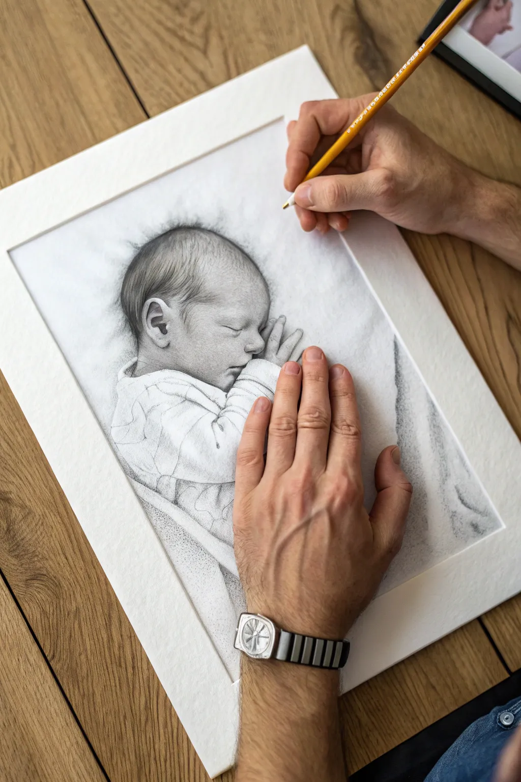 Tender close-up of tiny baby fingers holding an adult hand, minimalist pencil mood