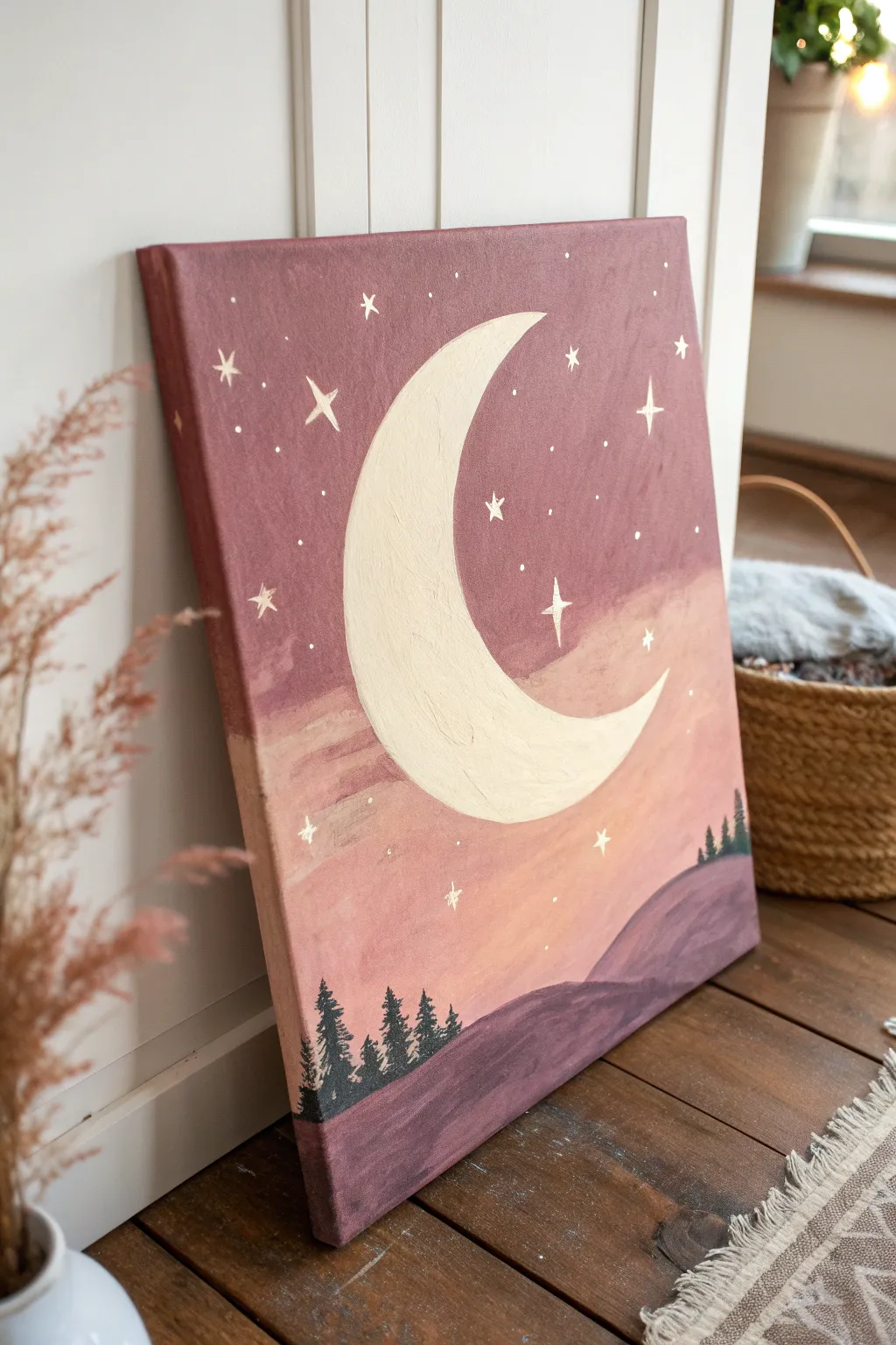 Ivory crescent moon on a pink dusk canvas with blush stars, dreamy and minimal for a baby girl