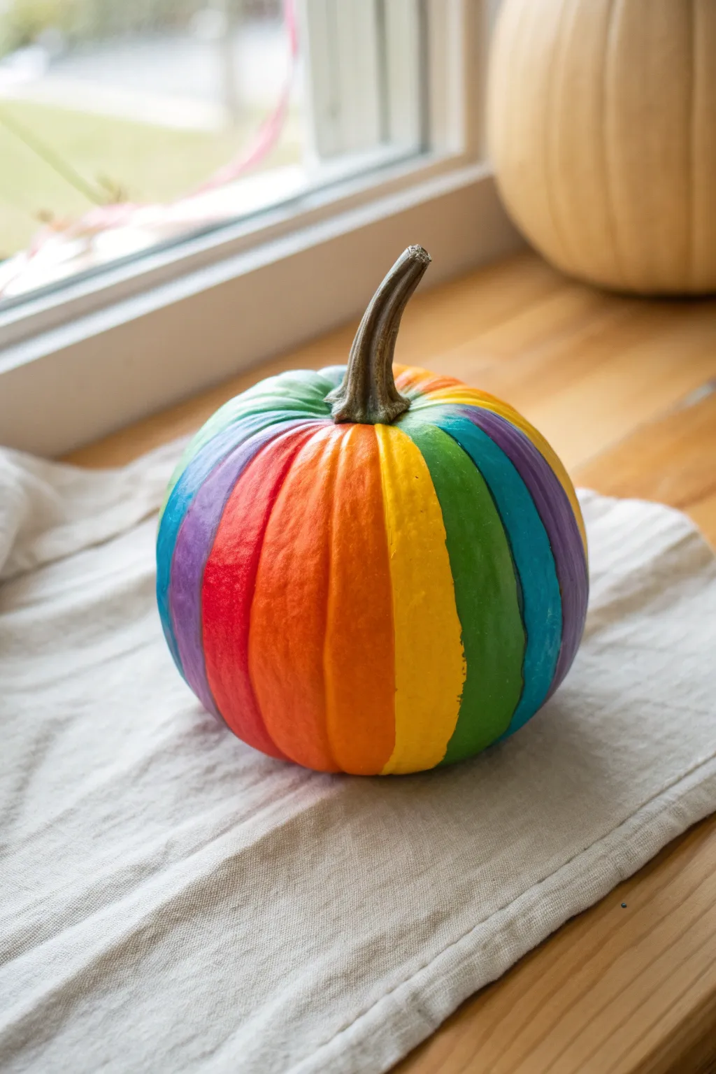 Rainbow stripe baby pumpkin with soft handmade edges, simple color blocking for cozy fall art.
