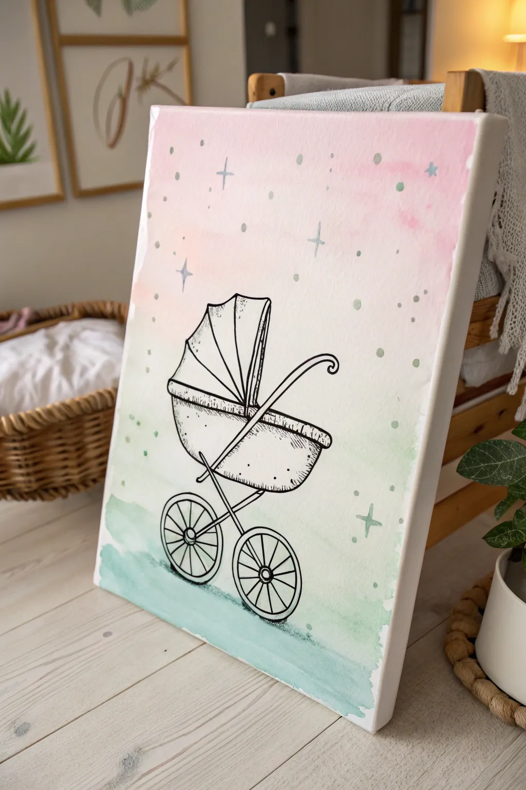 Sweet stroller line sketch with soft pastel wash, a simple baby shower canvas idea