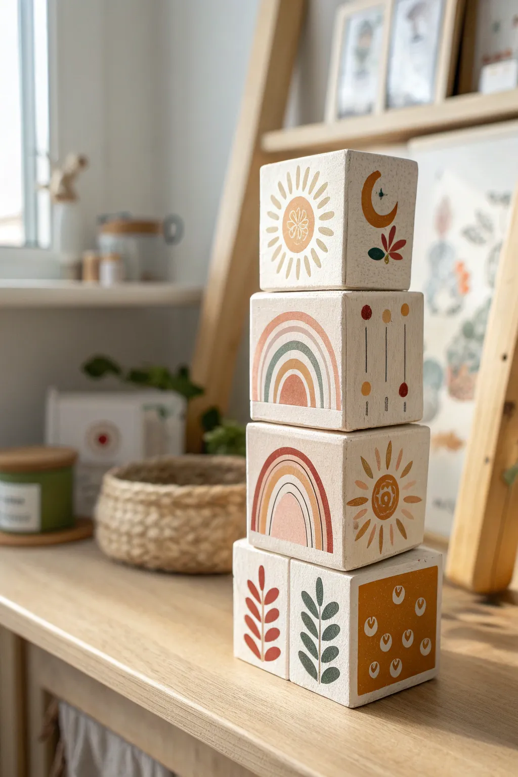 Mini canvas baby block set stacked on a shelf, soft boho neutrals with clean Scandinavian charm