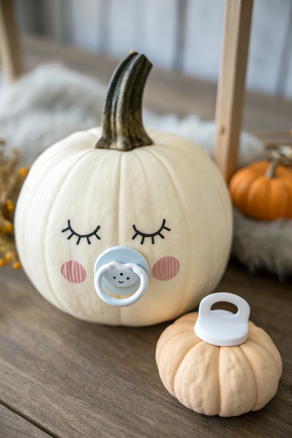 Minimal pacifier-smile pumpkin with a sweet baby footprint detail in soft modern neutrals