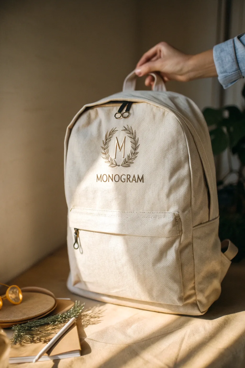 Clean stencil monogram on a canvas backpack, sharp edges revealed as the stencil lifts