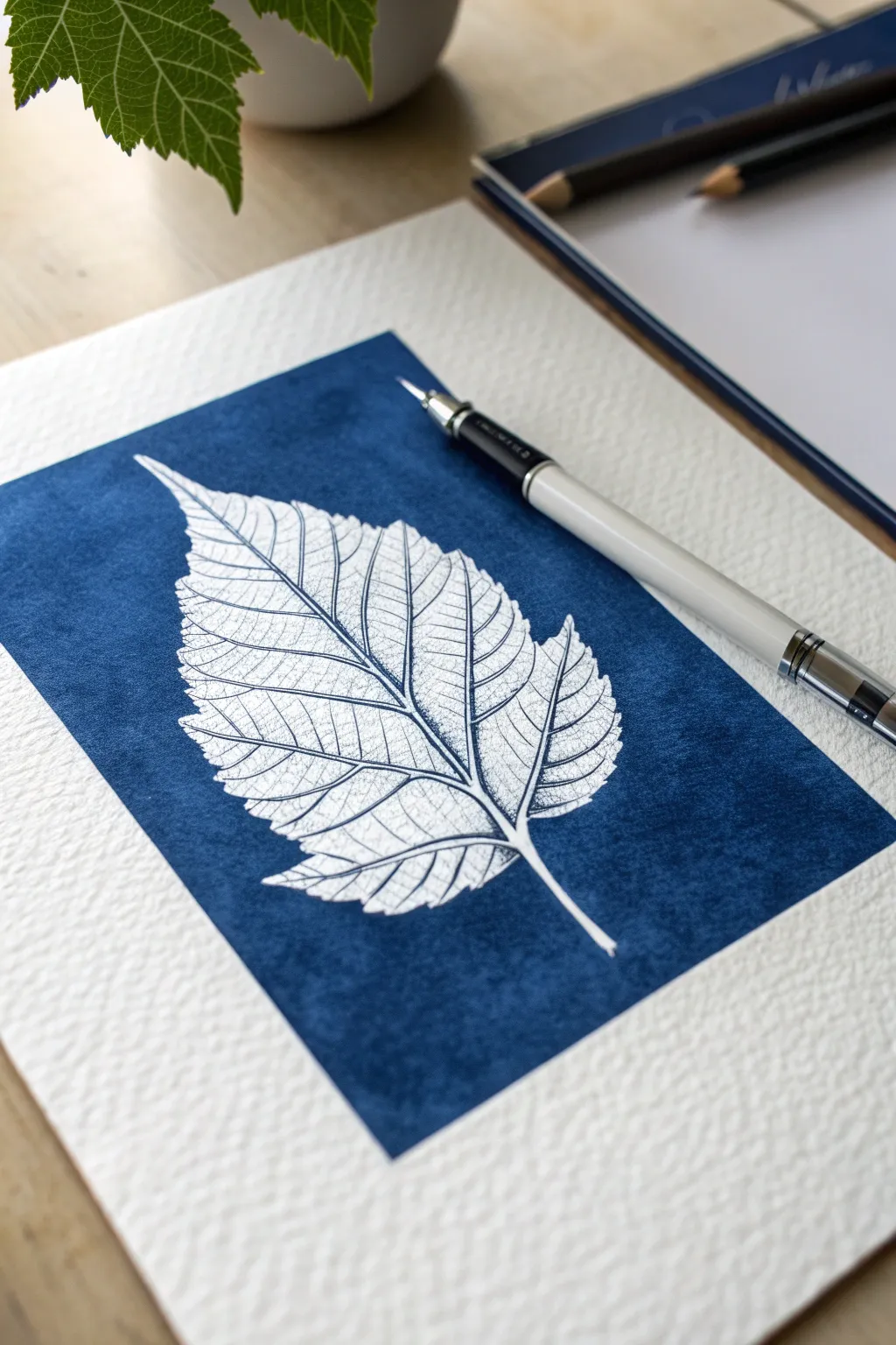 Bold ballpoint negative space leaf: crisp white silhouette against rich ink for striking contrast