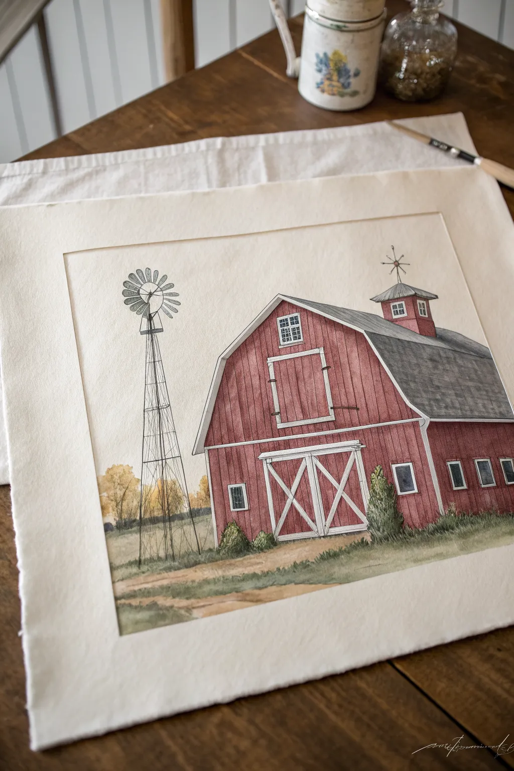 Minimalist barn painting with subtle silo and windmill accents, cozy Scandinavian-boho charm