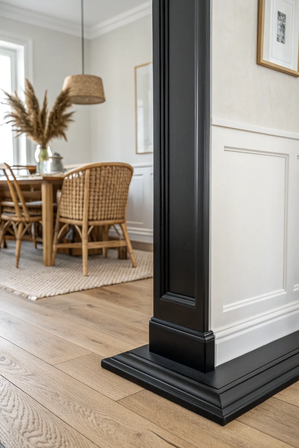 Matte black baseboards add bold contrast, framing pale walls with crisp, architectural edges.