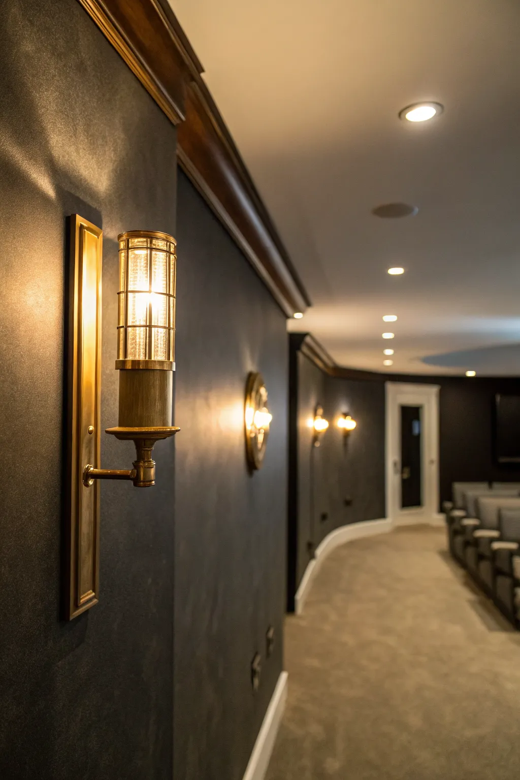 Charcoal theater walls disappear into darkness while a warm sconce sets the cinema mood.