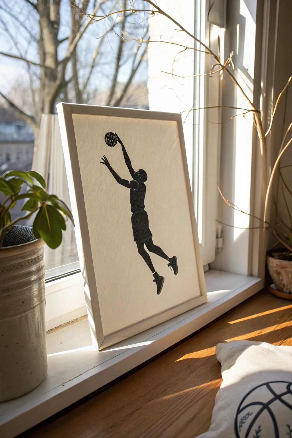 Minimal jump shot silhouette with a dotted arc trail, perfect for clean, modern basketball art.