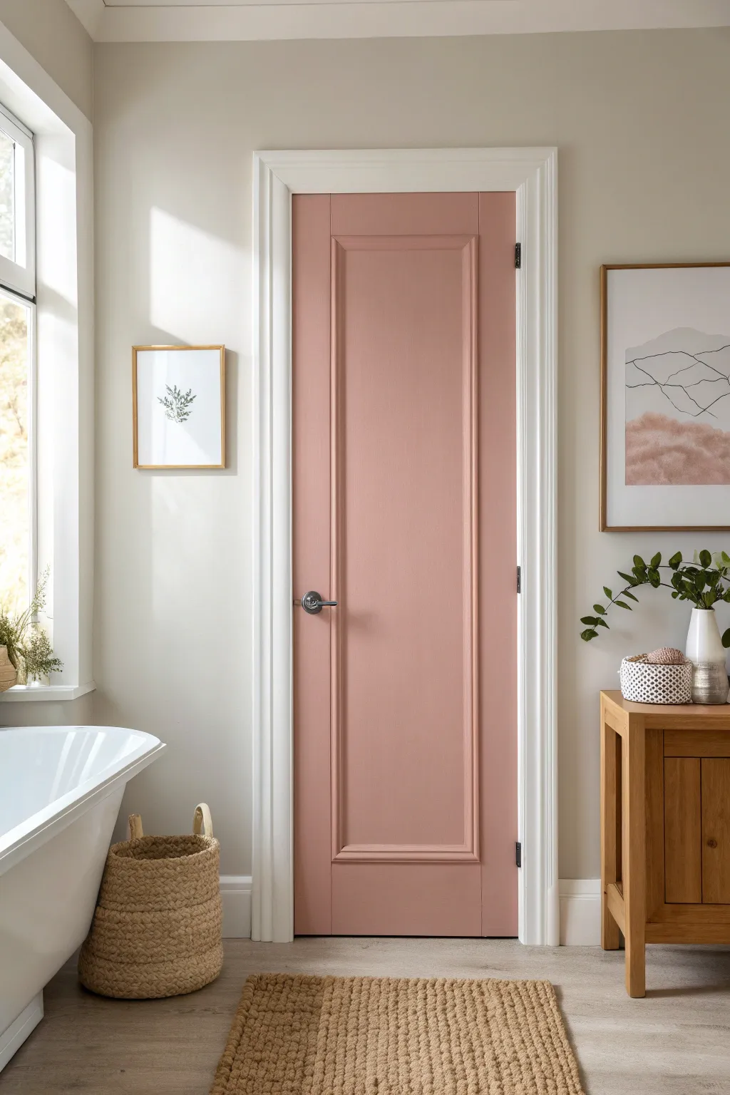 Muted blush pink door with crisp white trim for a modern, subtle bathroom refresh