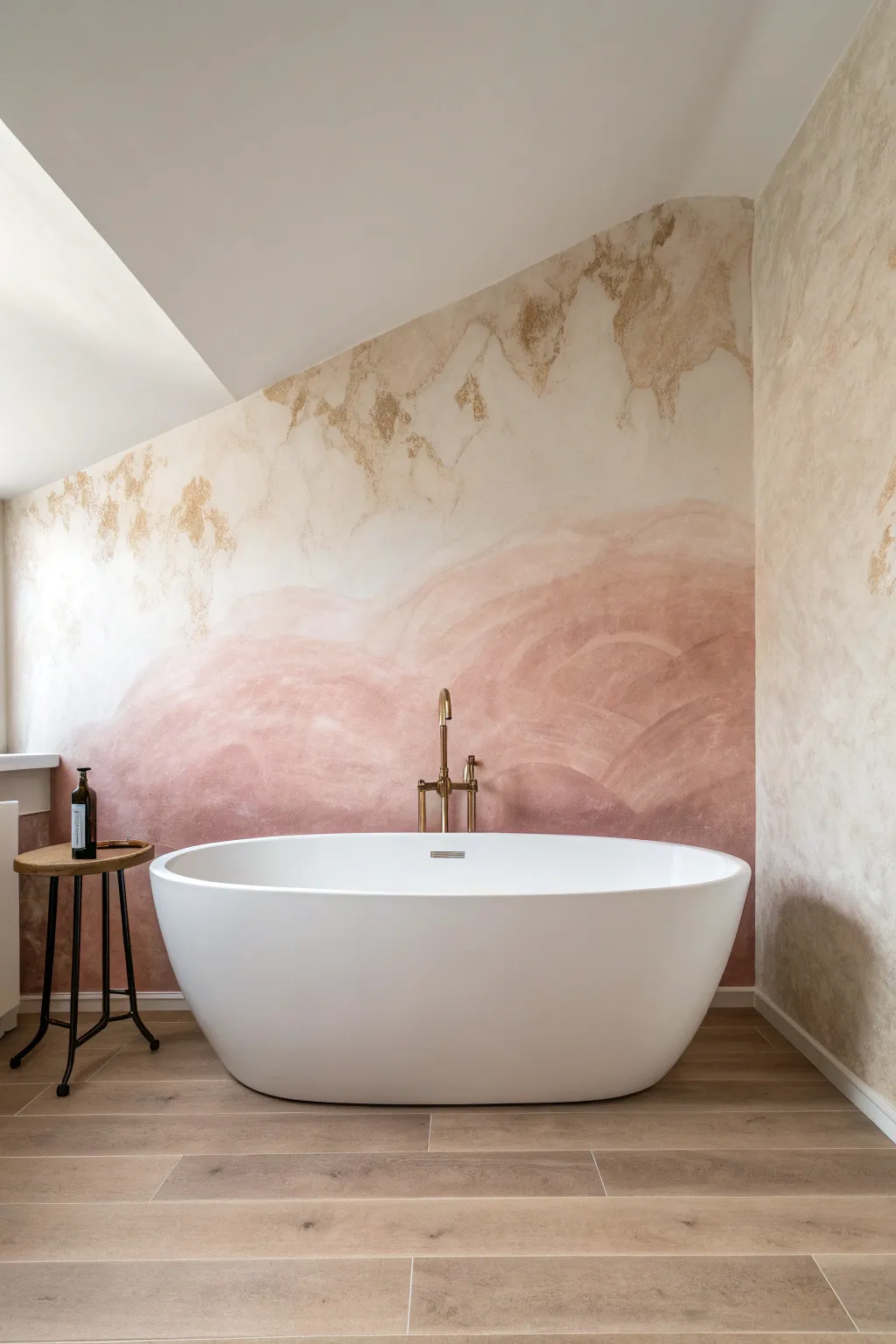 Soft ombré mural fade behind a crisp white tub for a steam-like, light-filled bathroom glow