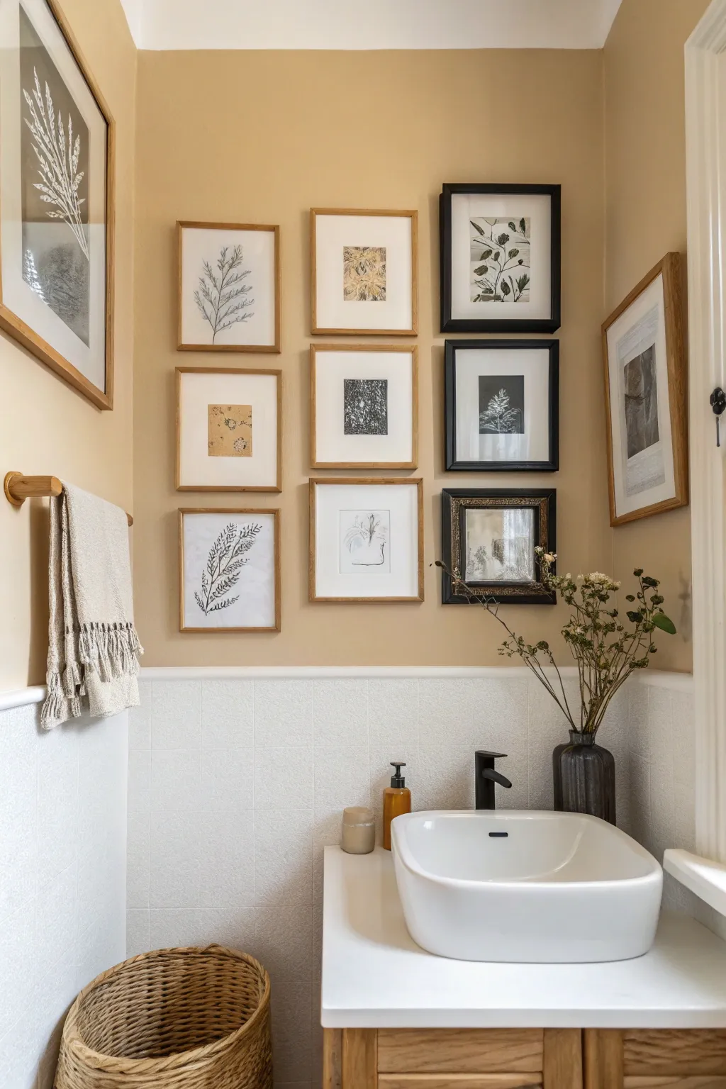 Mini gallery wall in a narrow bathroom corner, small frames that feel curated and calm