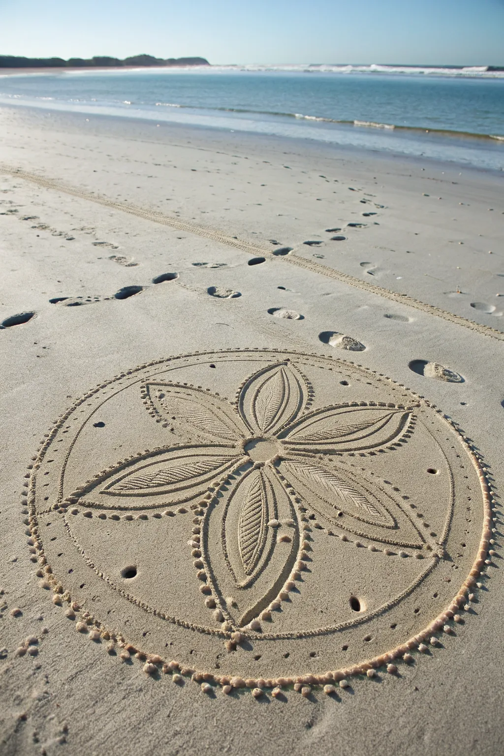 Draw a sand dollar mandala: centered star, dotted rings, clean lines on smooth beach sand.