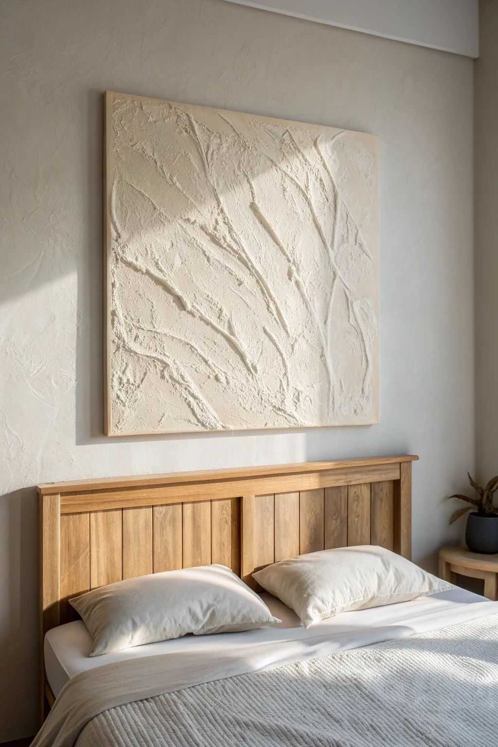Neutral plaster-texture canvas above the bed for a calm Scandinavian-boho bedroom focal point.