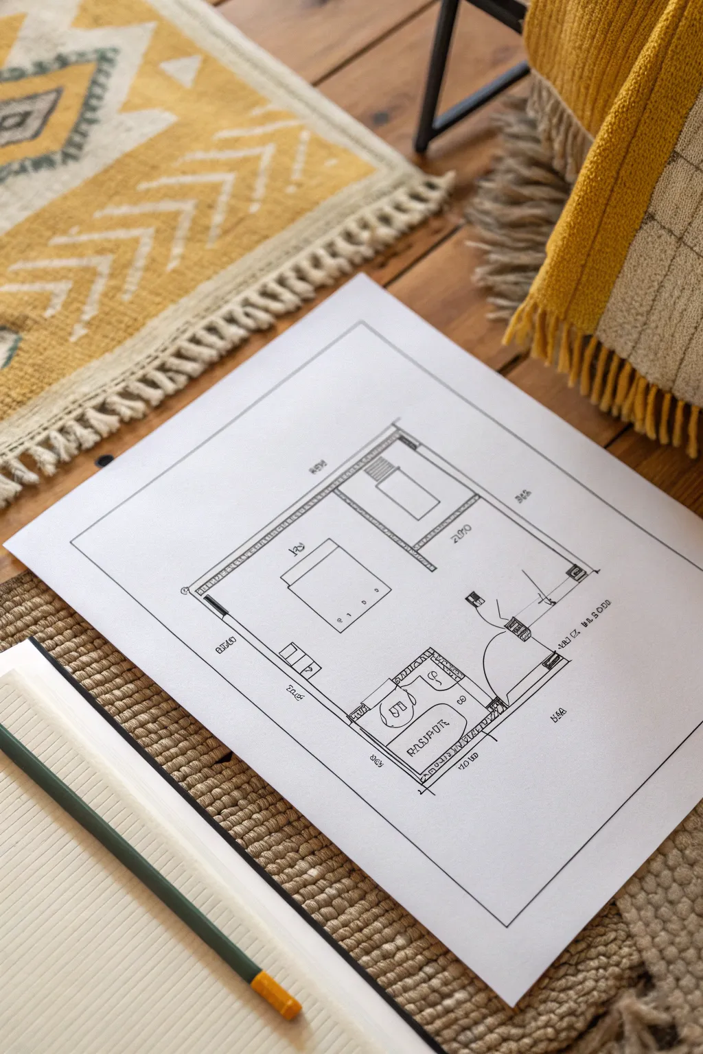 Birds-eye bedroom layout sketch with clean lines, simple shapes, and calm Scandinavian boho style