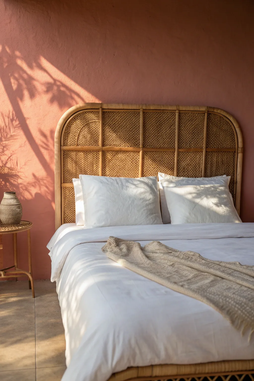 Terracotta blush walls + linen bedding create a cozy, sunlit Scandinavian-boho bedroom mood.