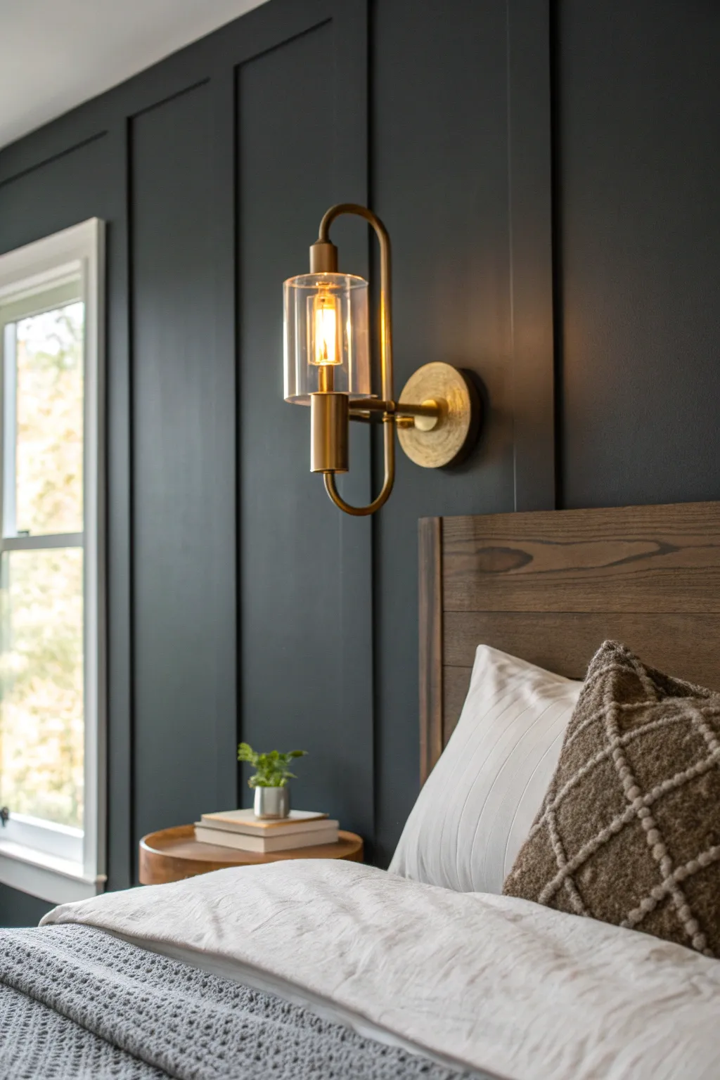 Charcoal walls meet cozy glow: a warm sconce sets a minimalist, cocoon-like bedroom mood.