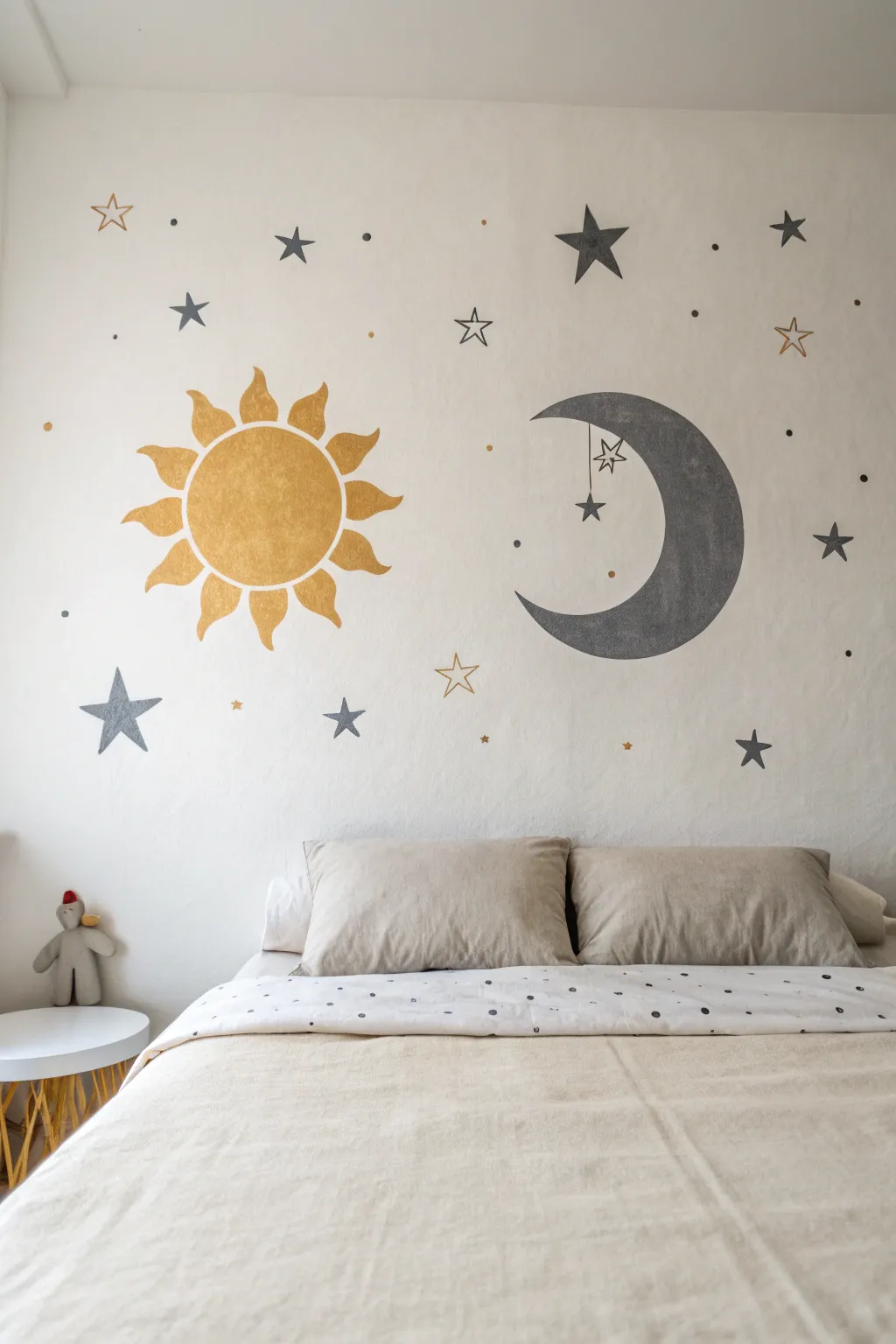 Minimal sun and moon mural in muted gold and charcoal for a calm, Scandinavian bedroom.