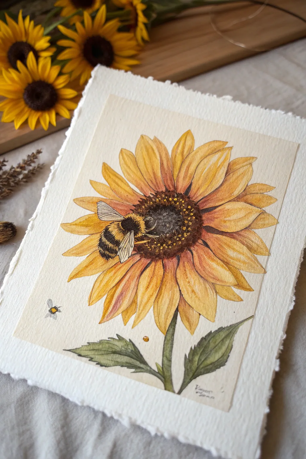 Bee nestled in a sunflower heart, with crisp seed texture and a soft minimalist palette.