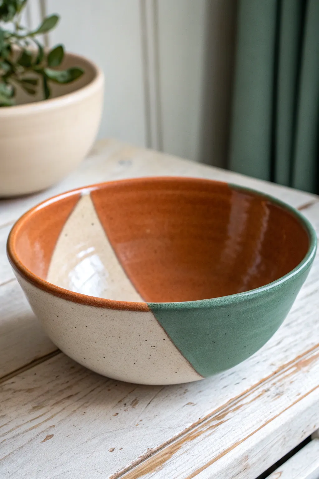 Minimal color-blocked bowl: two bold shapes outside, calm neutral inside for beginners.