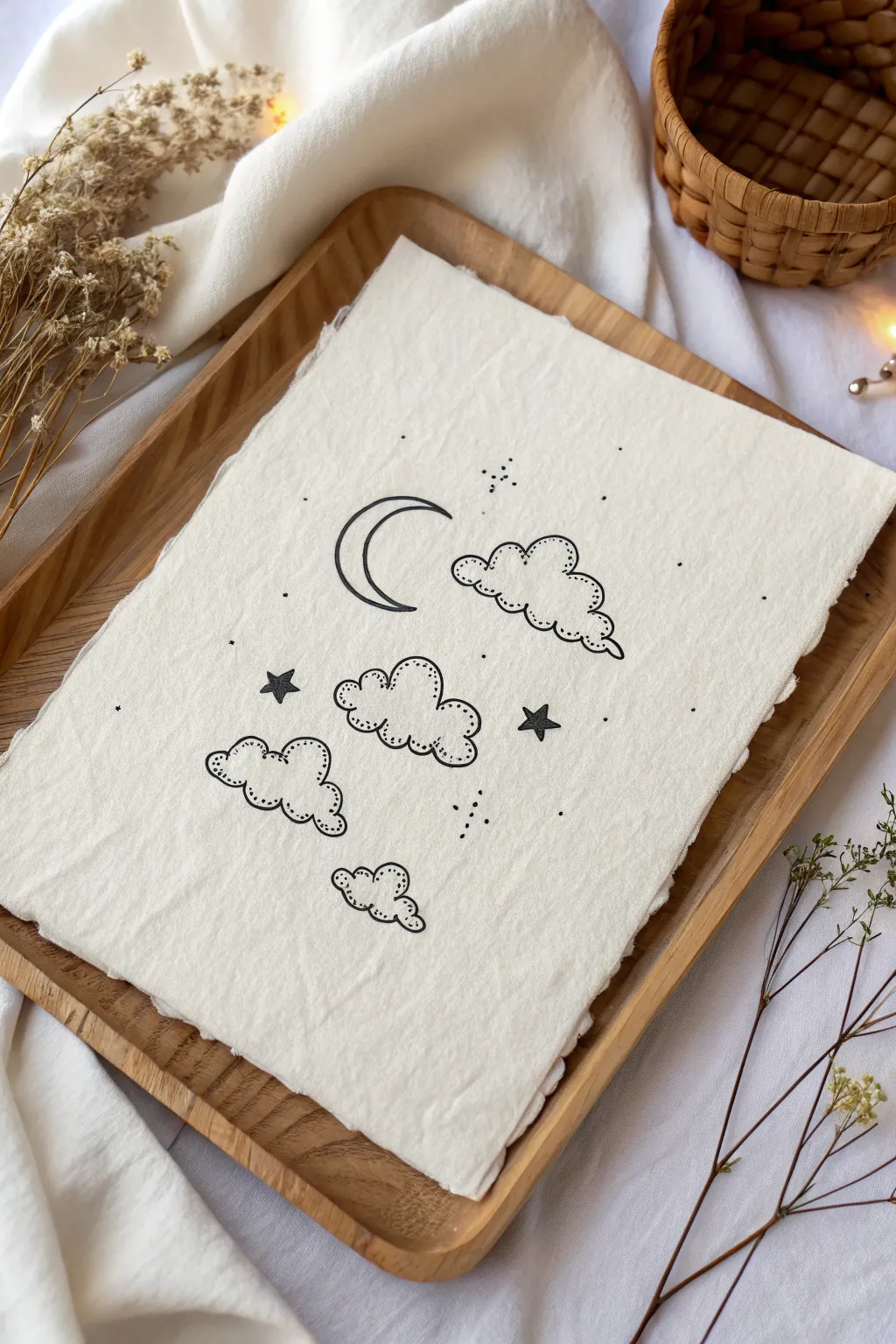 Easy doodle win: simple clouds, a crescent moon, and tiny stars in clean minimalist linework