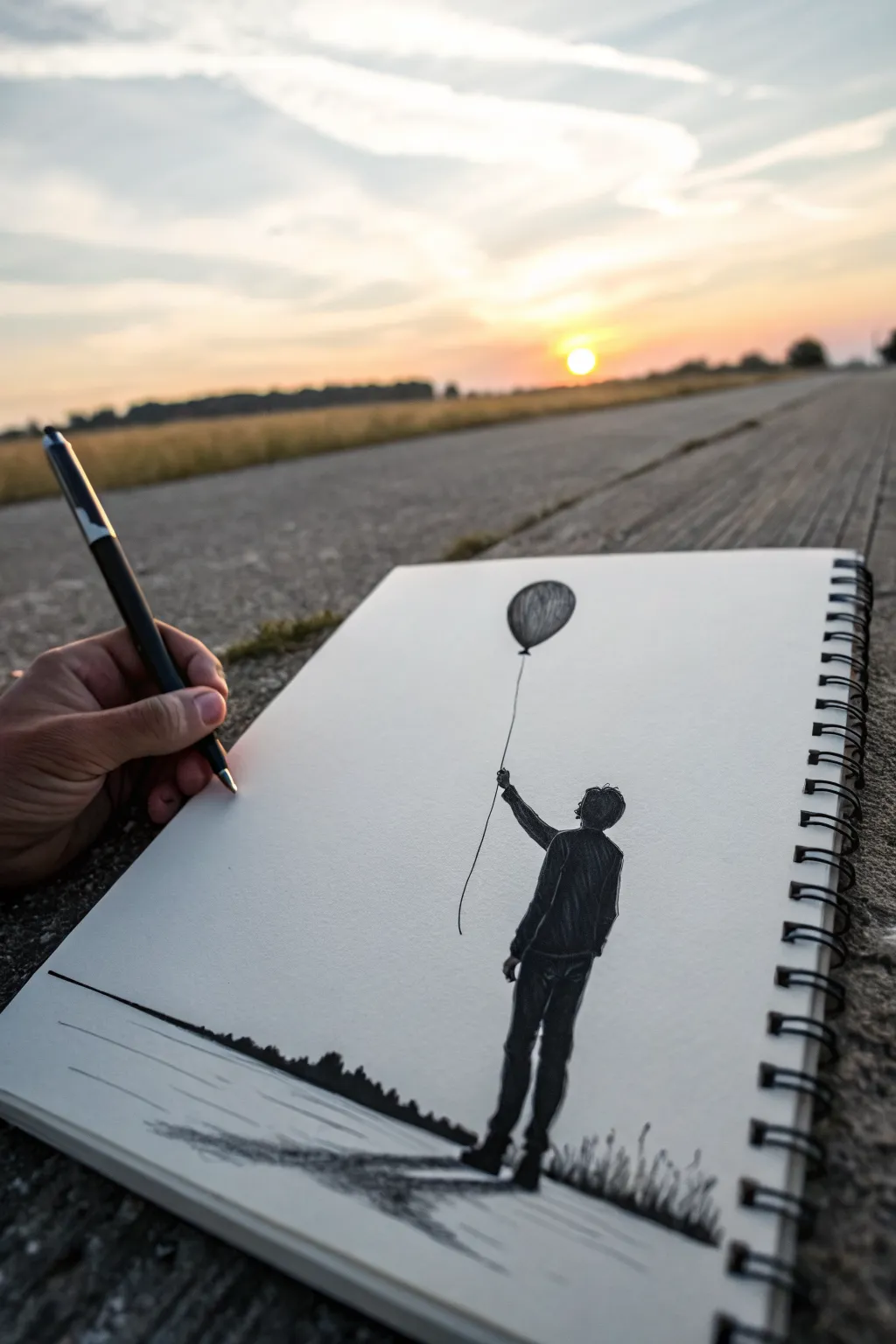 Simple charcoal silhouette holding an erased balloon circle against a soft blended sky.